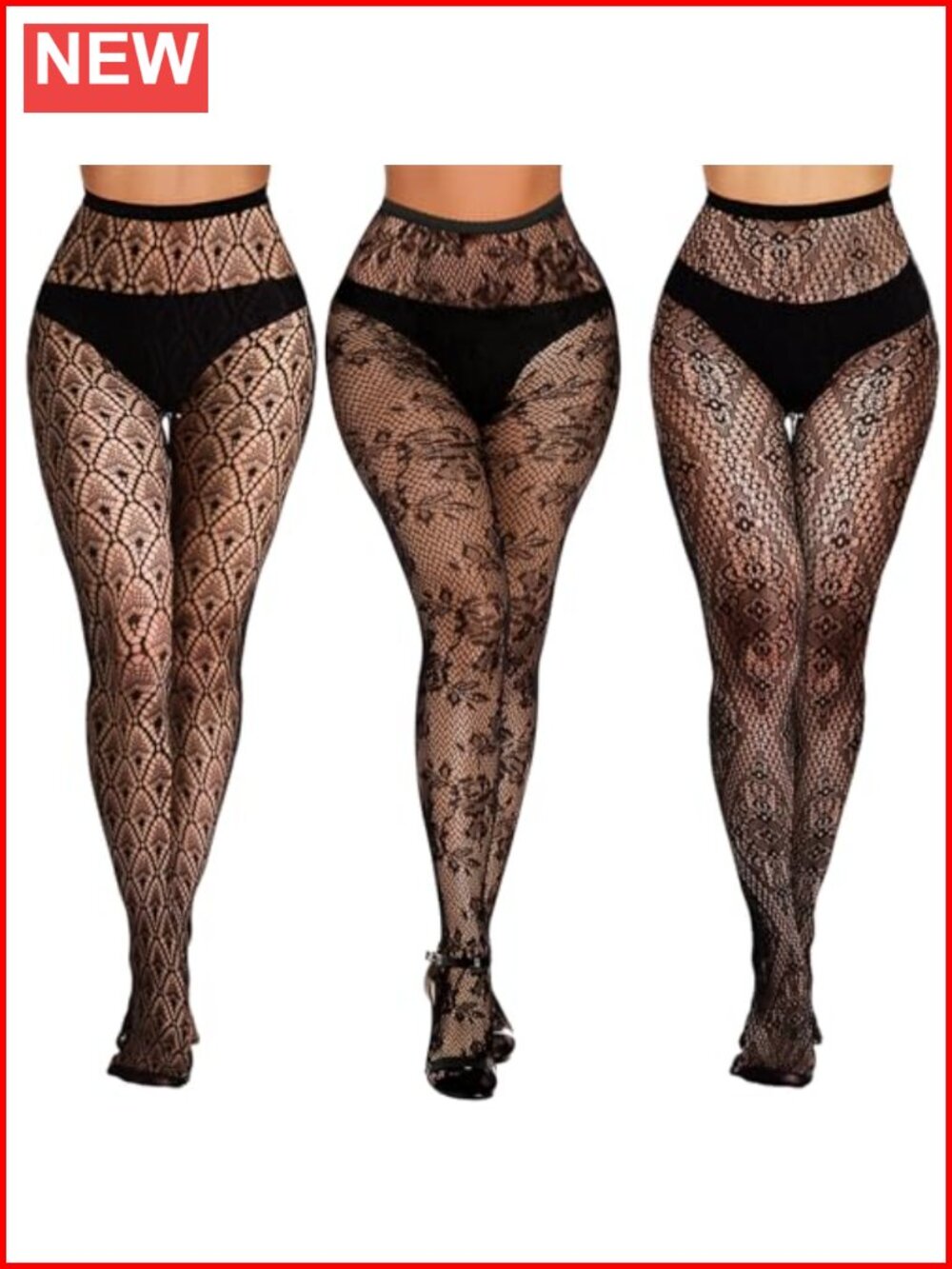3 Pairs Lace Patterned Fishnet Tights Women's Hosiery New Sealed